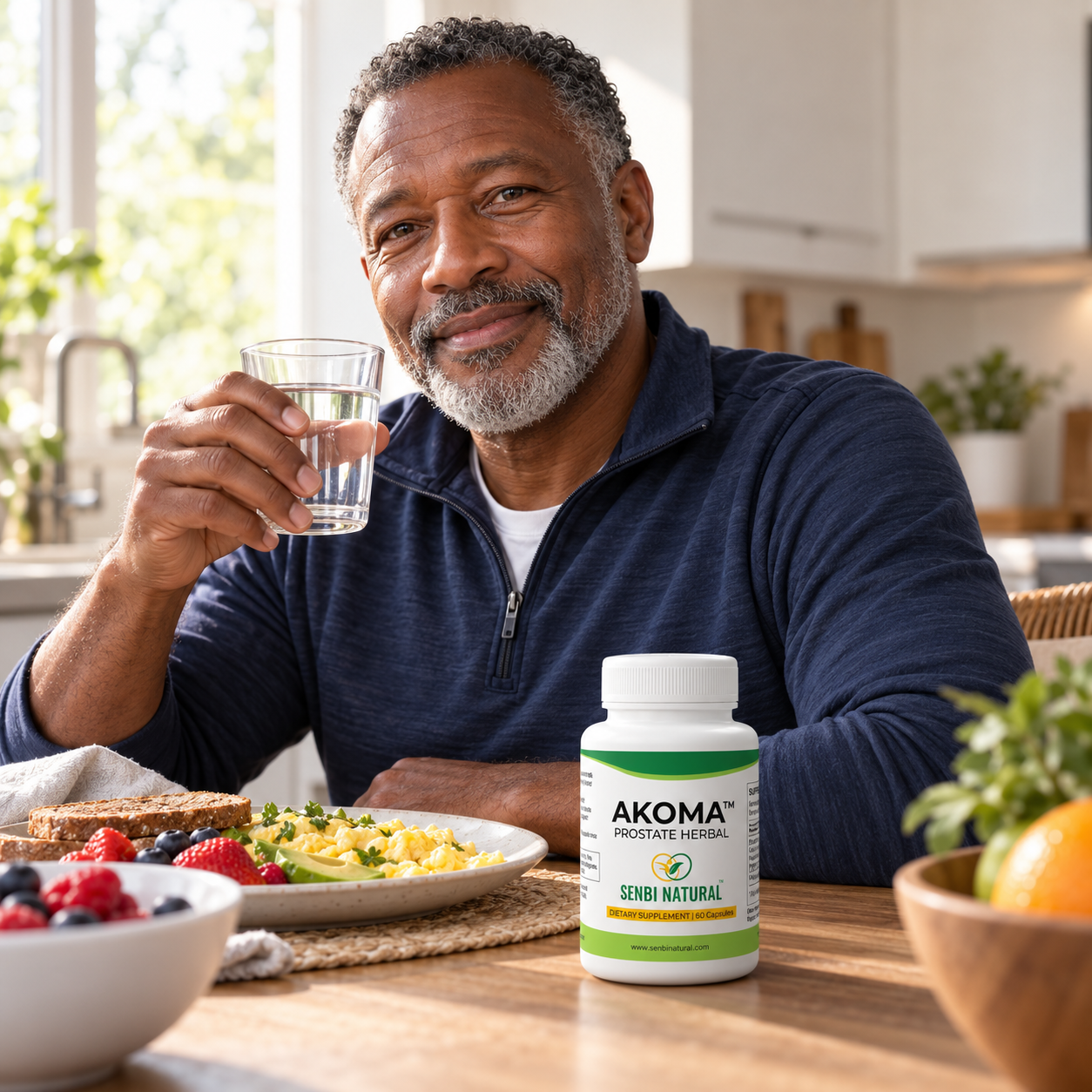 Akoma bottle in natural breakfast setting