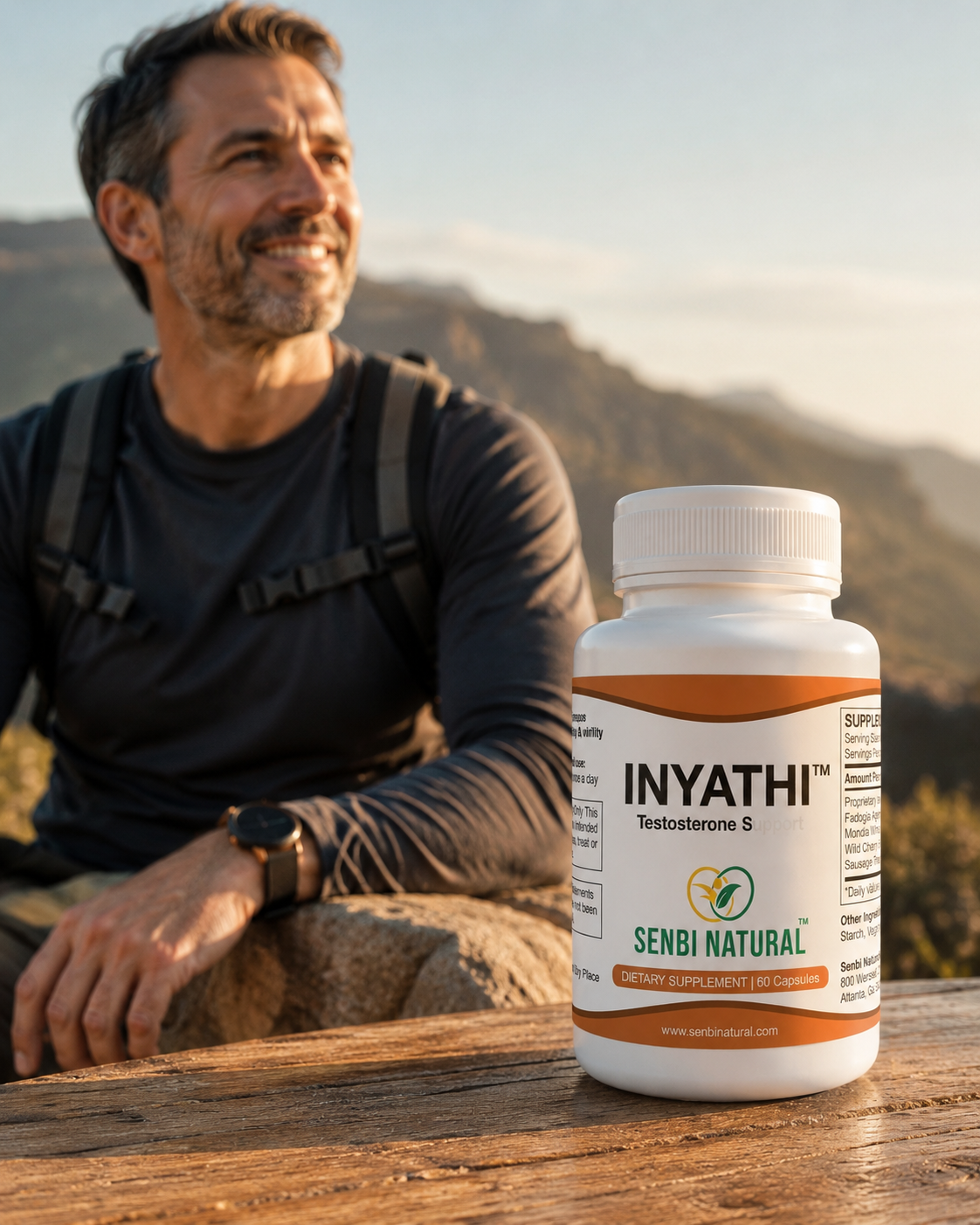Man outdoors beside Inyathi bottle