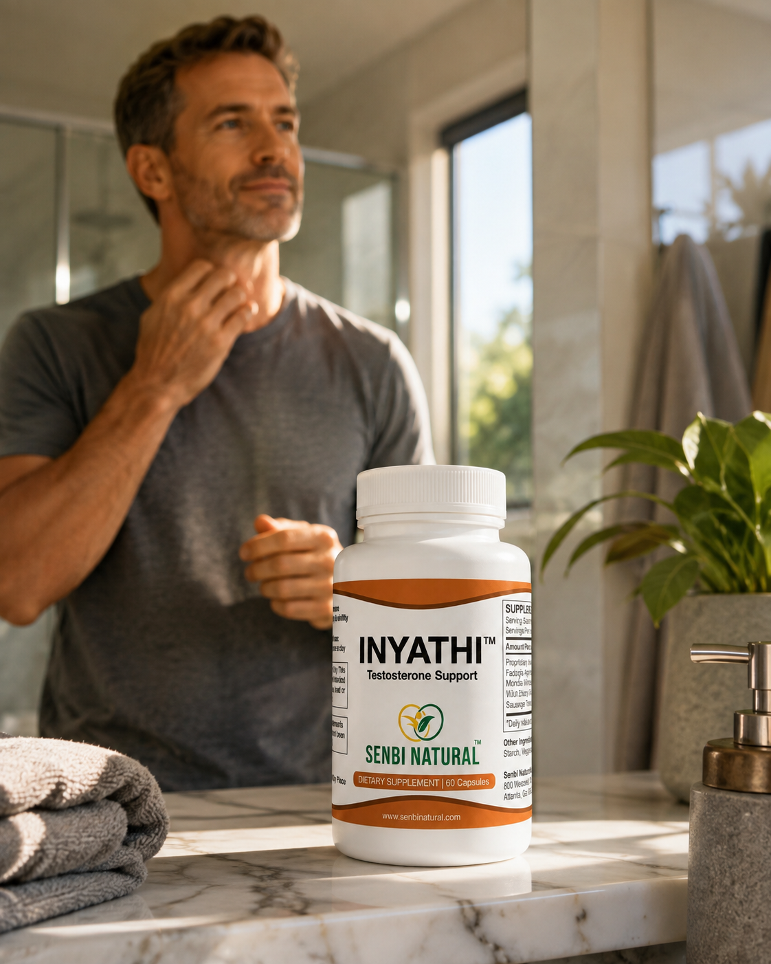 Man in bathroom wellness routine beside Inyathi bottle