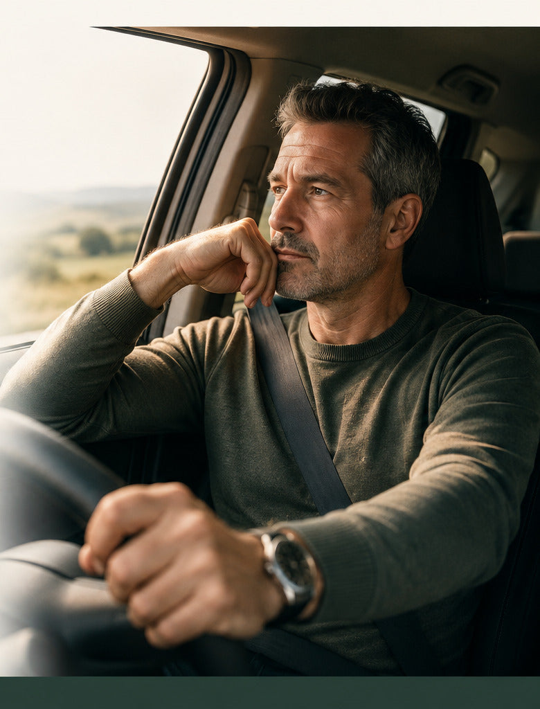 Man on a long drive thinking quietly
