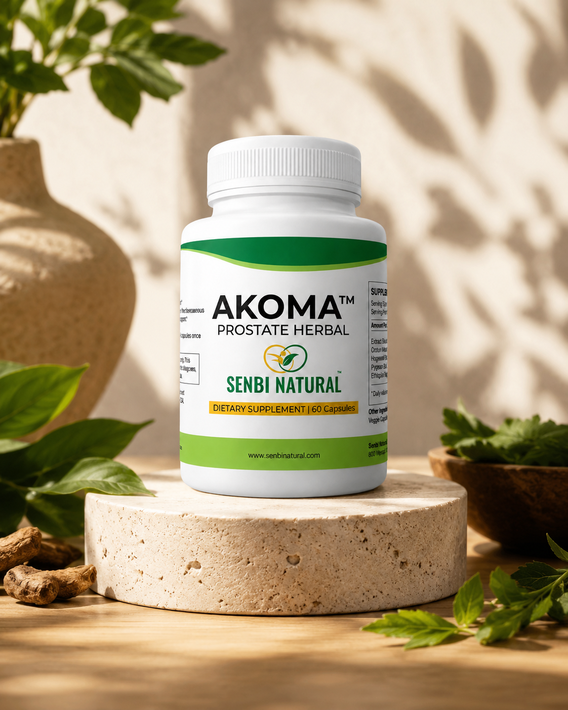 Akoma Prostate Herbal bottle in a warm natural lifestyle setting