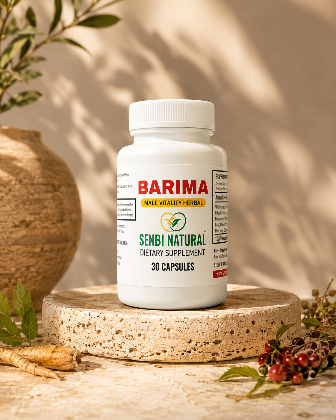 Barima Male Vitality Herbal bottle in a warm natural lifestyle setting