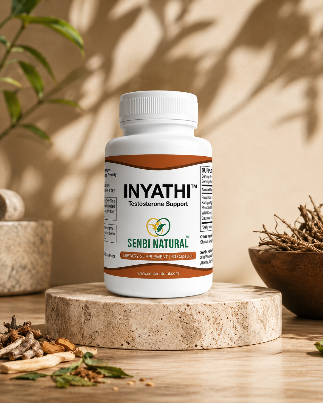 Inyathi Testosterone Support bottle in a warm natural lifestyle setting