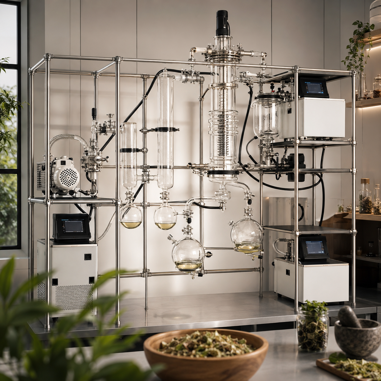 Glass distillation system used to refine herbal extracts