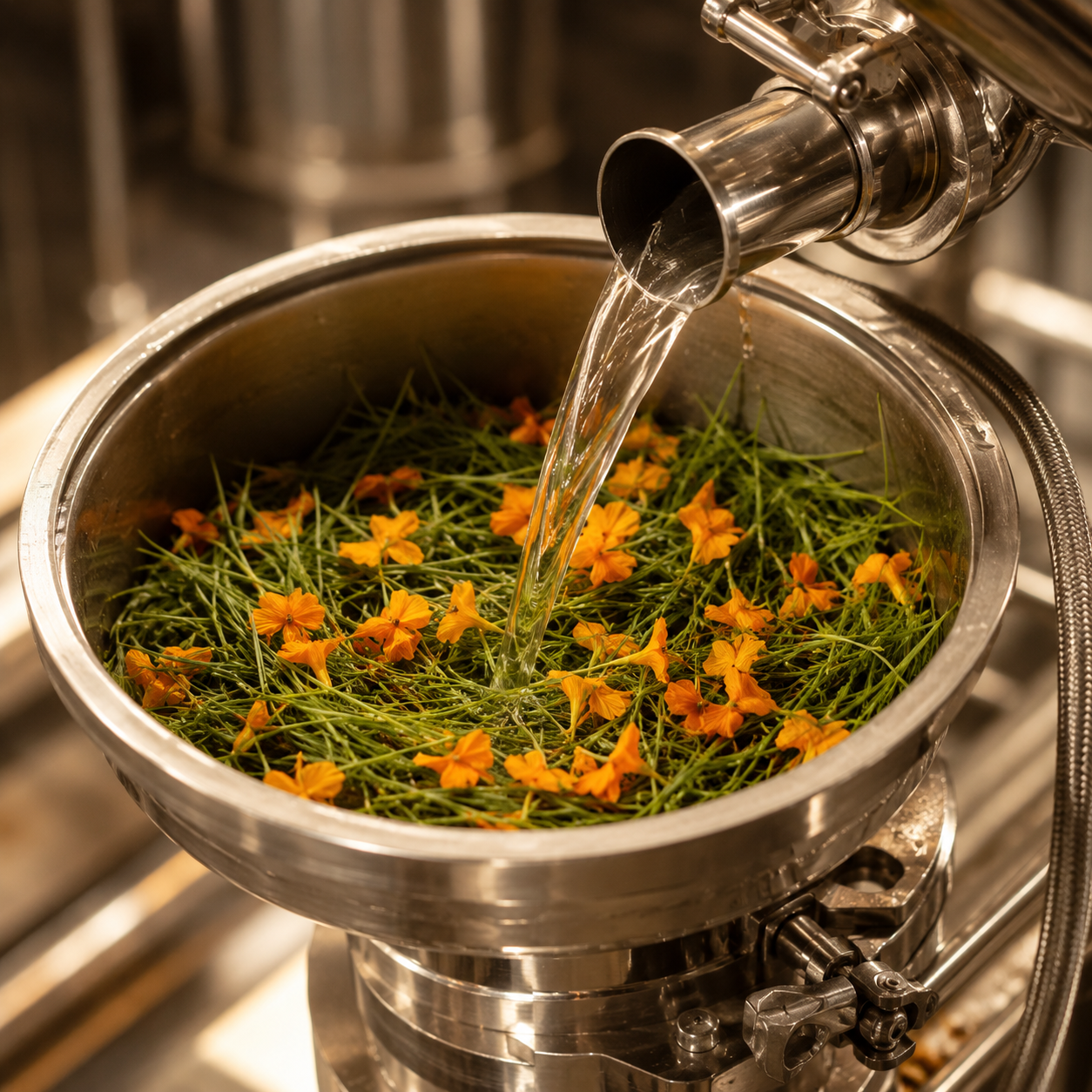 Fresh herbs being infused inside a stainless extraction vessel