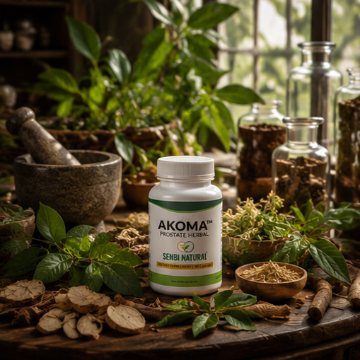 Finished Akoma supplement bottle styled with herbs in a natural setting