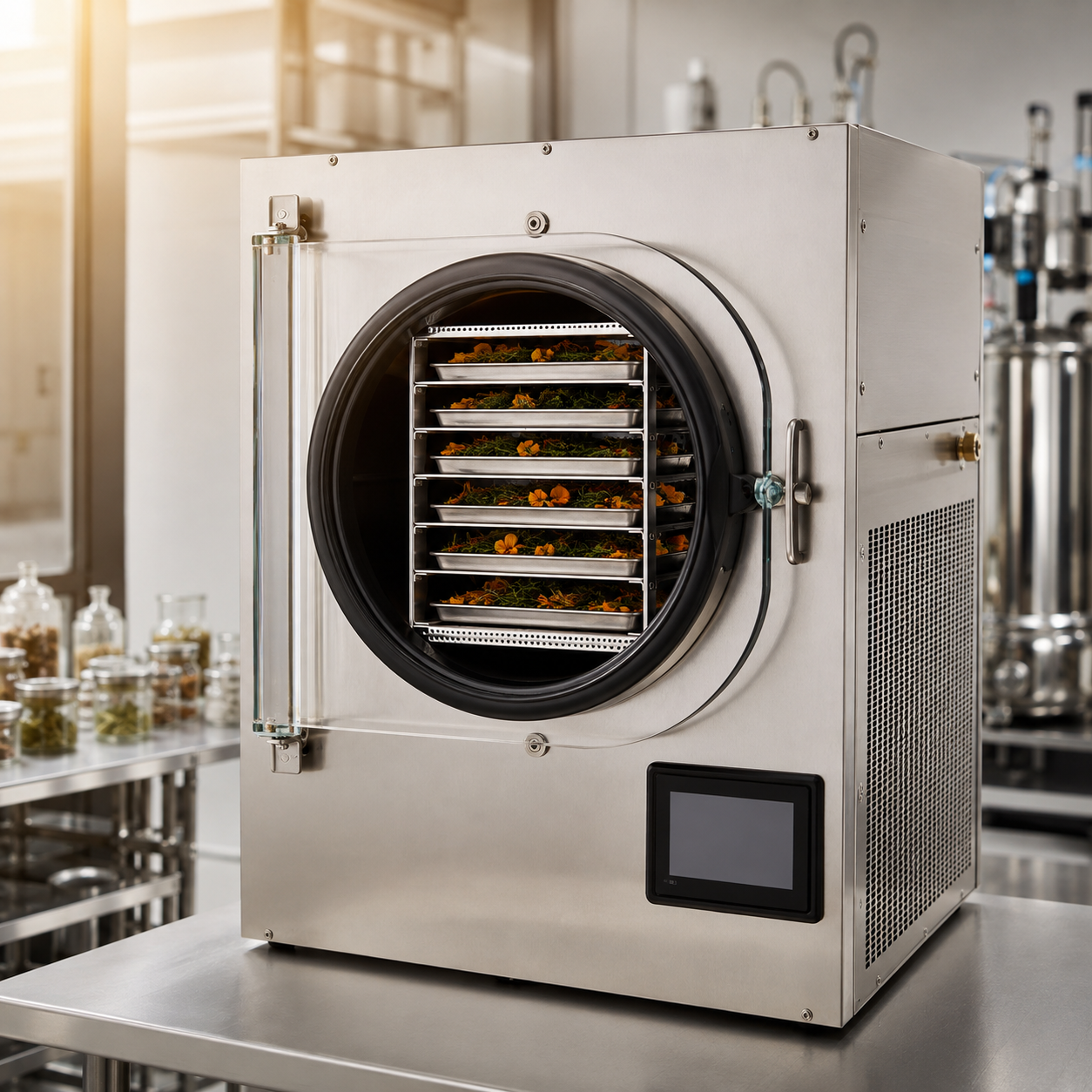 Industrial freeze dryer prepared for botanical drying