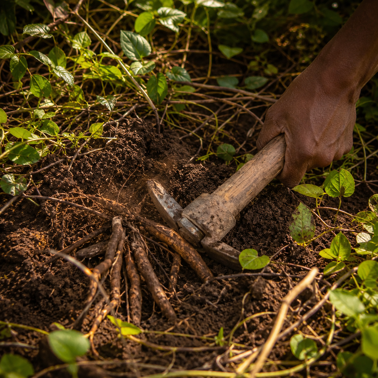 Freshly harvested roots being dug from sunlit soil