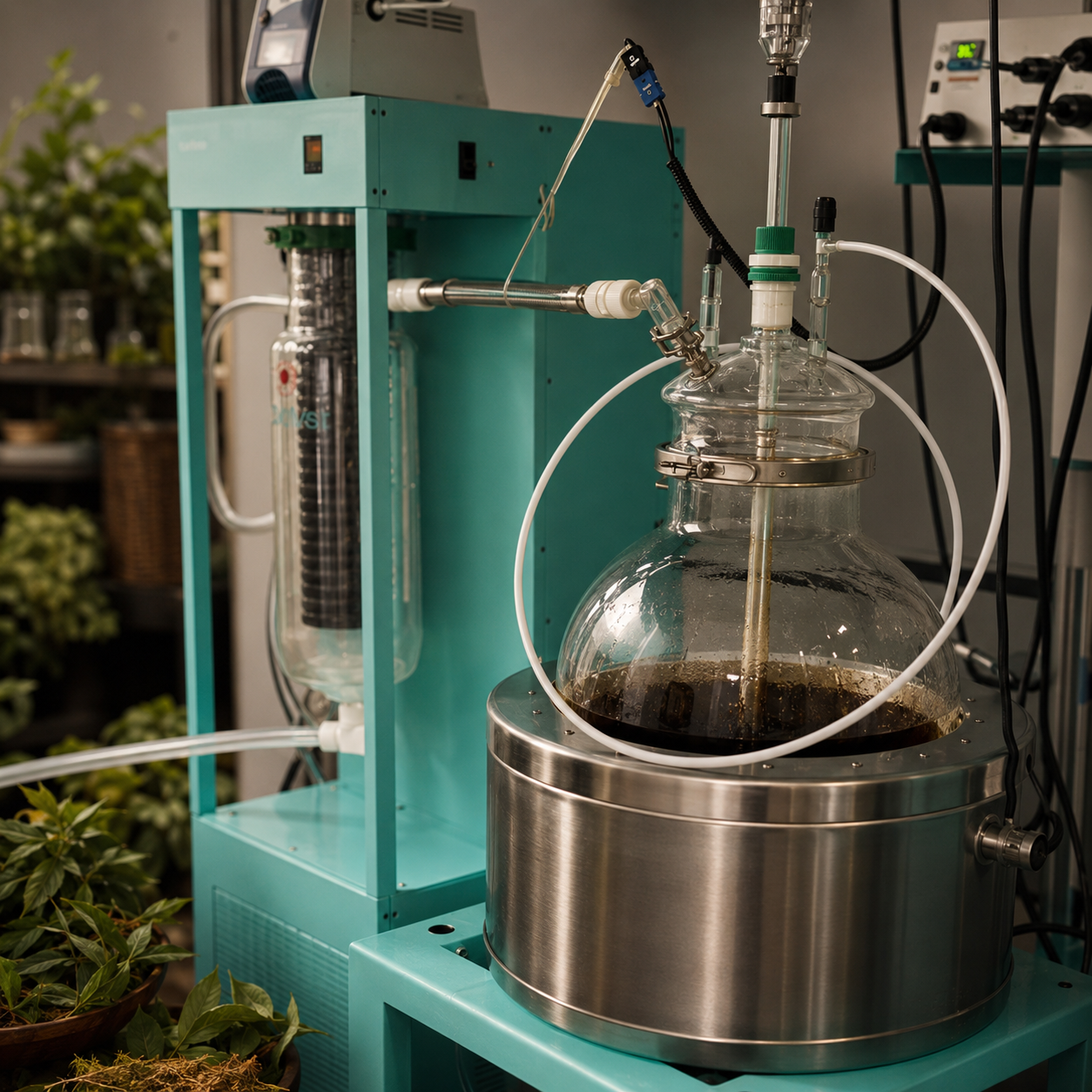 Modern teal laboratory extraction apparatus used for solvent recovery