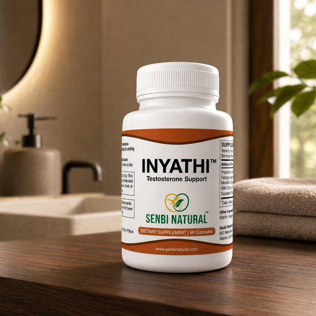 Inyathi 90-capsule bottle in bathroom setting