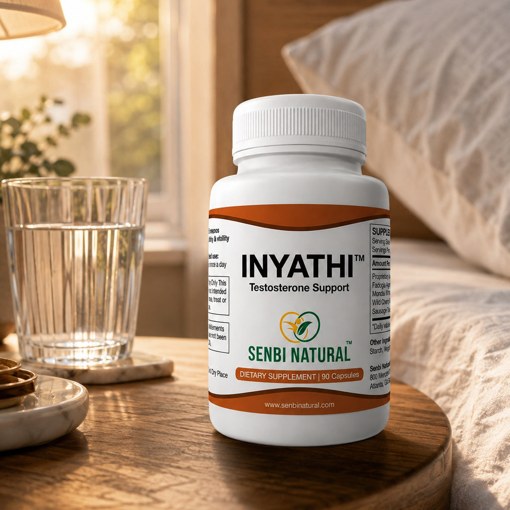 Inyathi 90-capsule bottle in bedside wellness setting