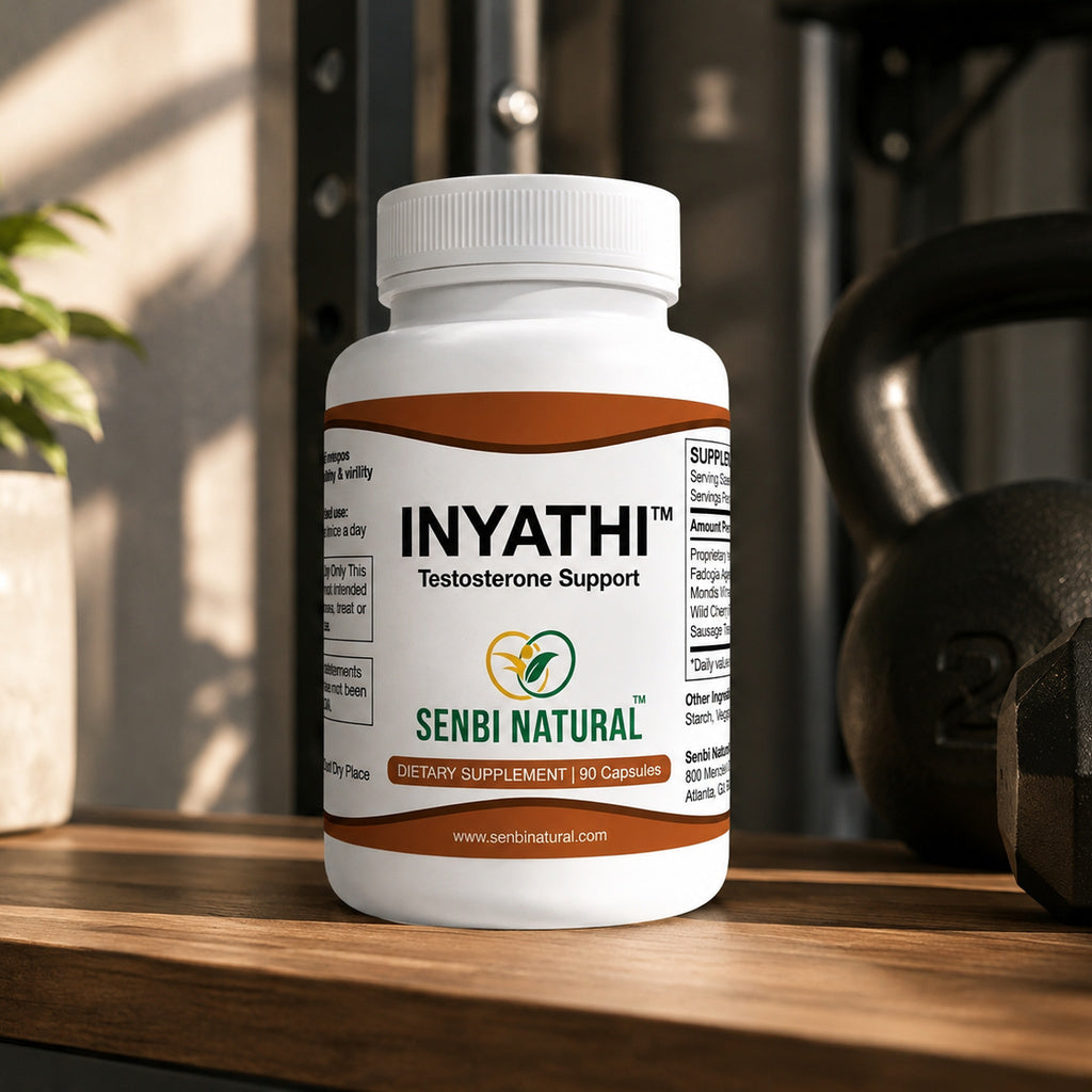 Inyathi 90-capsule bottle in home gym setting