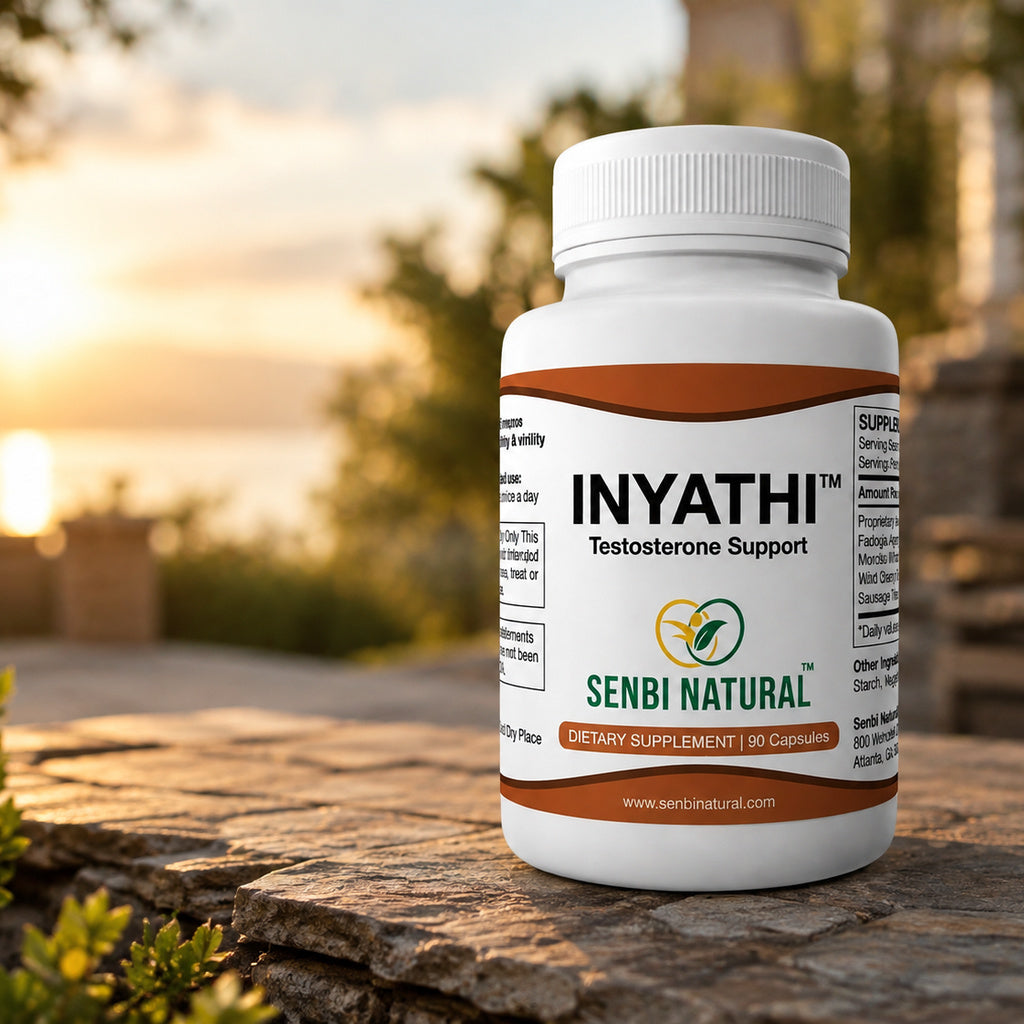 Inyathi 90-capsule bottle on patio