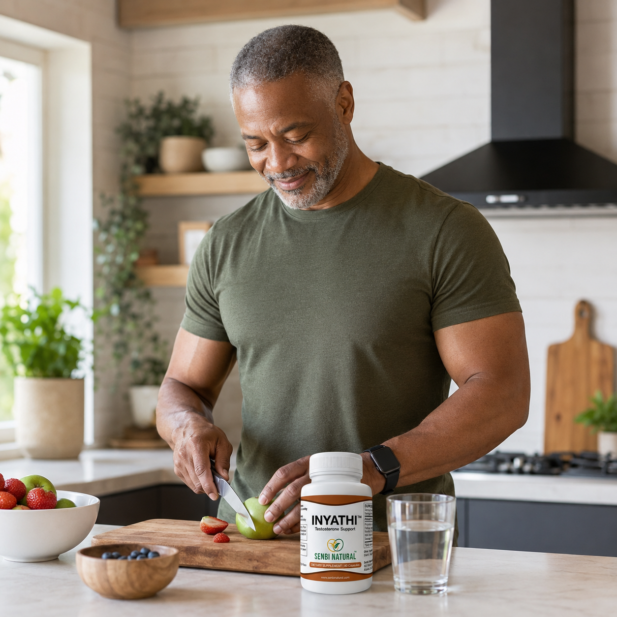 Man preparing fruit in kitchen with Inyathi 90-capsule bottle