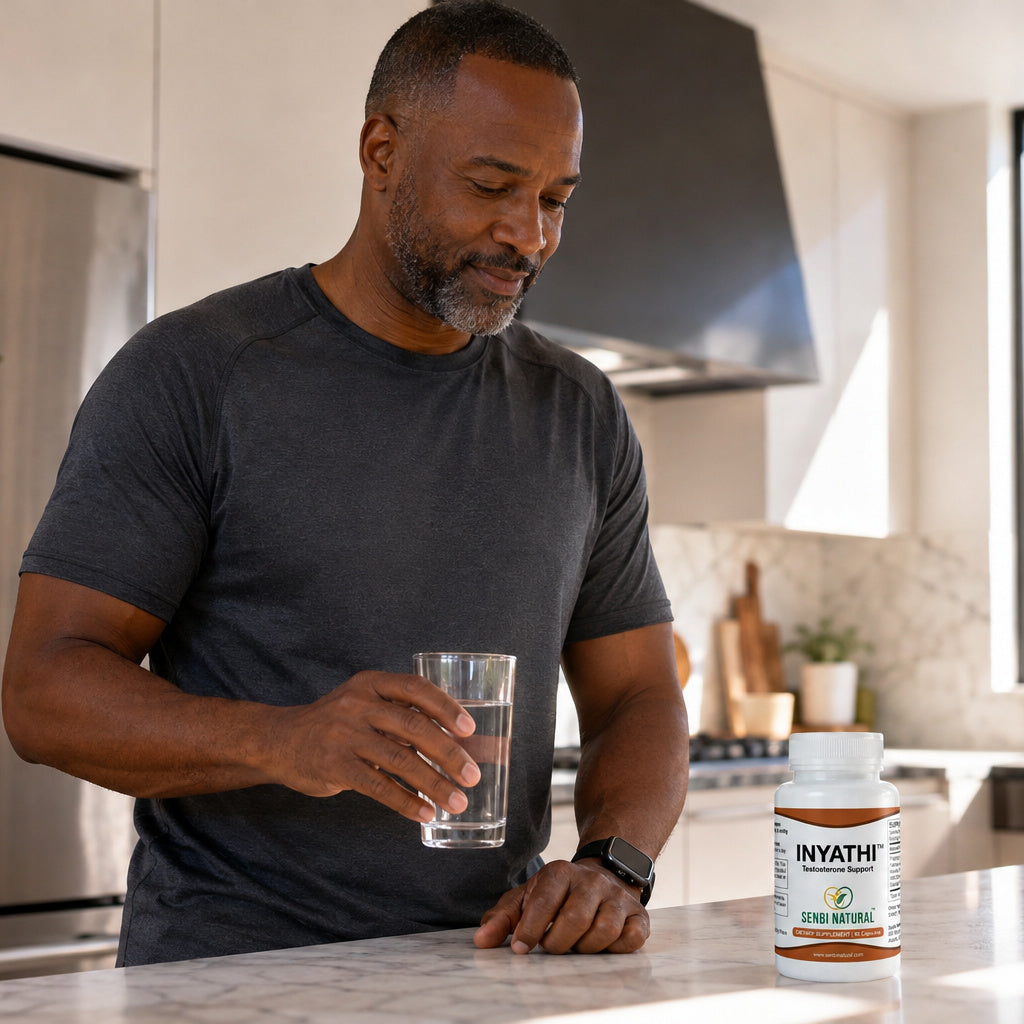 Man in kitchen with Inyathi 90-capsule bottle
