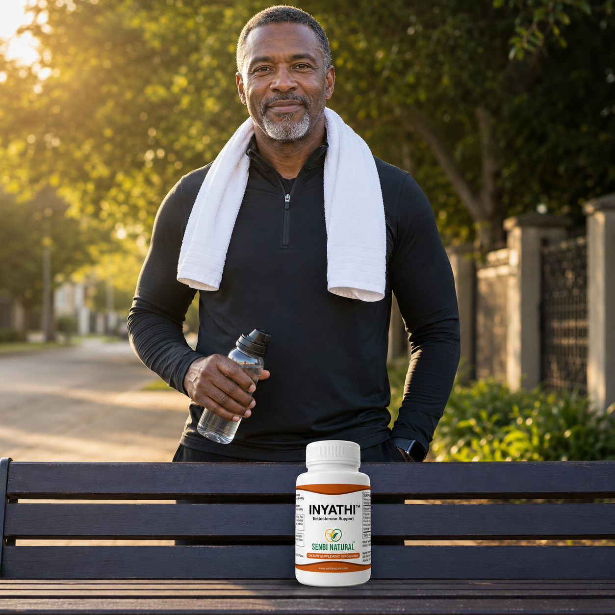 Active man outdoors with Inyathi 90-capsule bottle