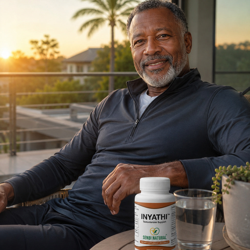 Man on patio with Inyathi 90-capsule bottle