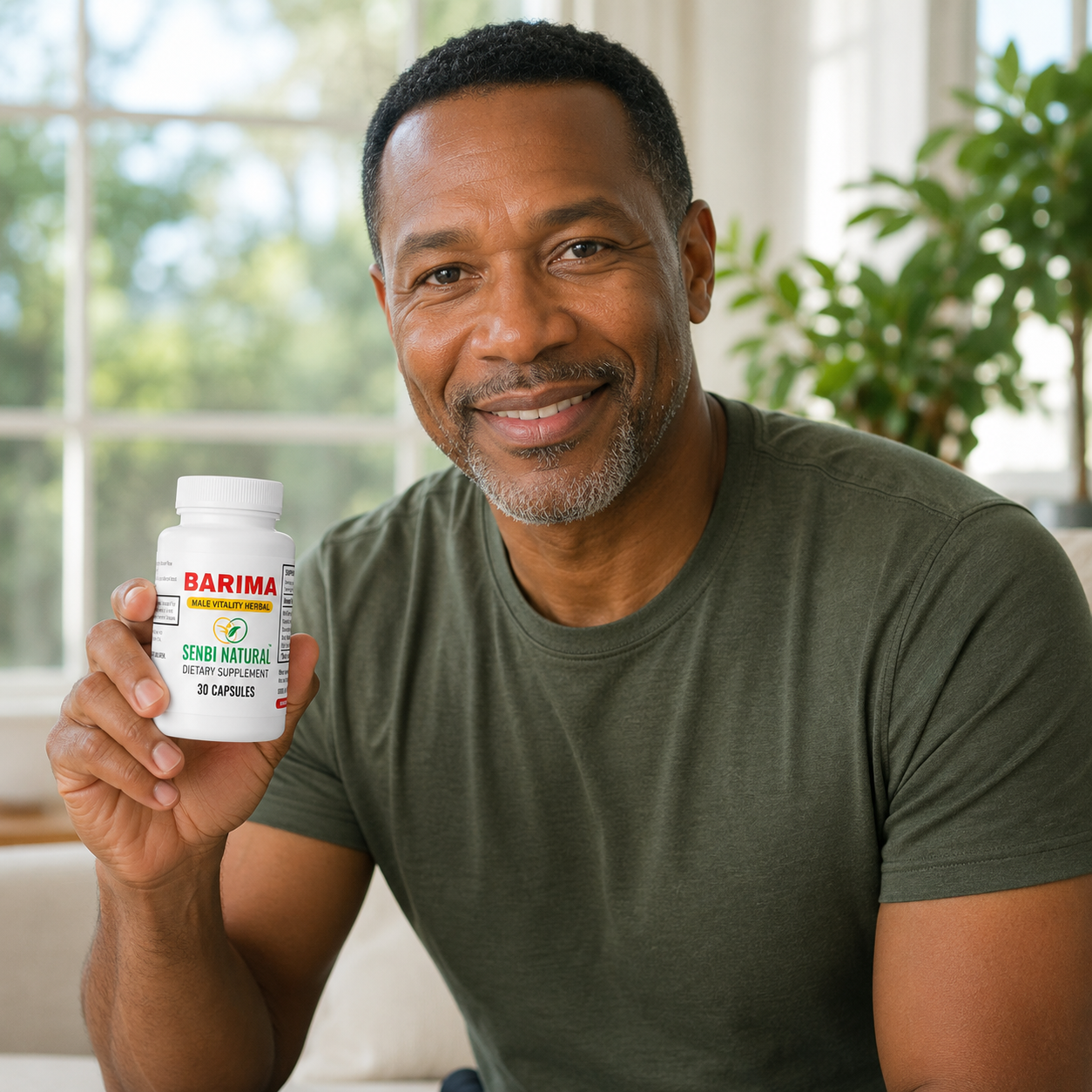 Smiling man holding a Barima bottle in a warm lifestyle setting