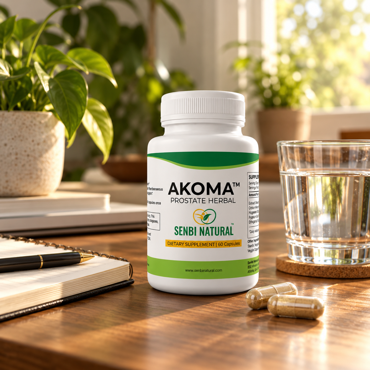 Akoma 60-capsule bottle on a morning desk